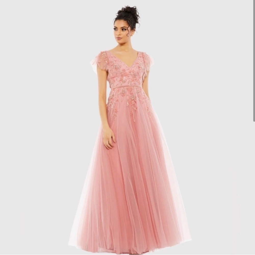 Mac Duggal Pink Embellished Cap Sleeve V Neck Gown